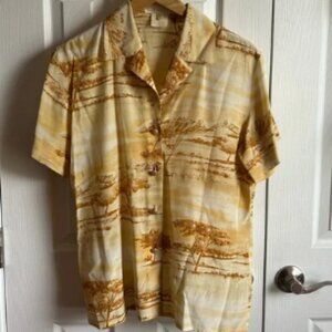 Escada | Vintage luxury 100% silk yellow gold landscape button down blouse
